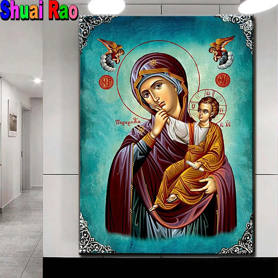 Virgin Mary Diamond Mosaic Greek Christian Orthodox Icon of Theotokos Mother of God Byzantine