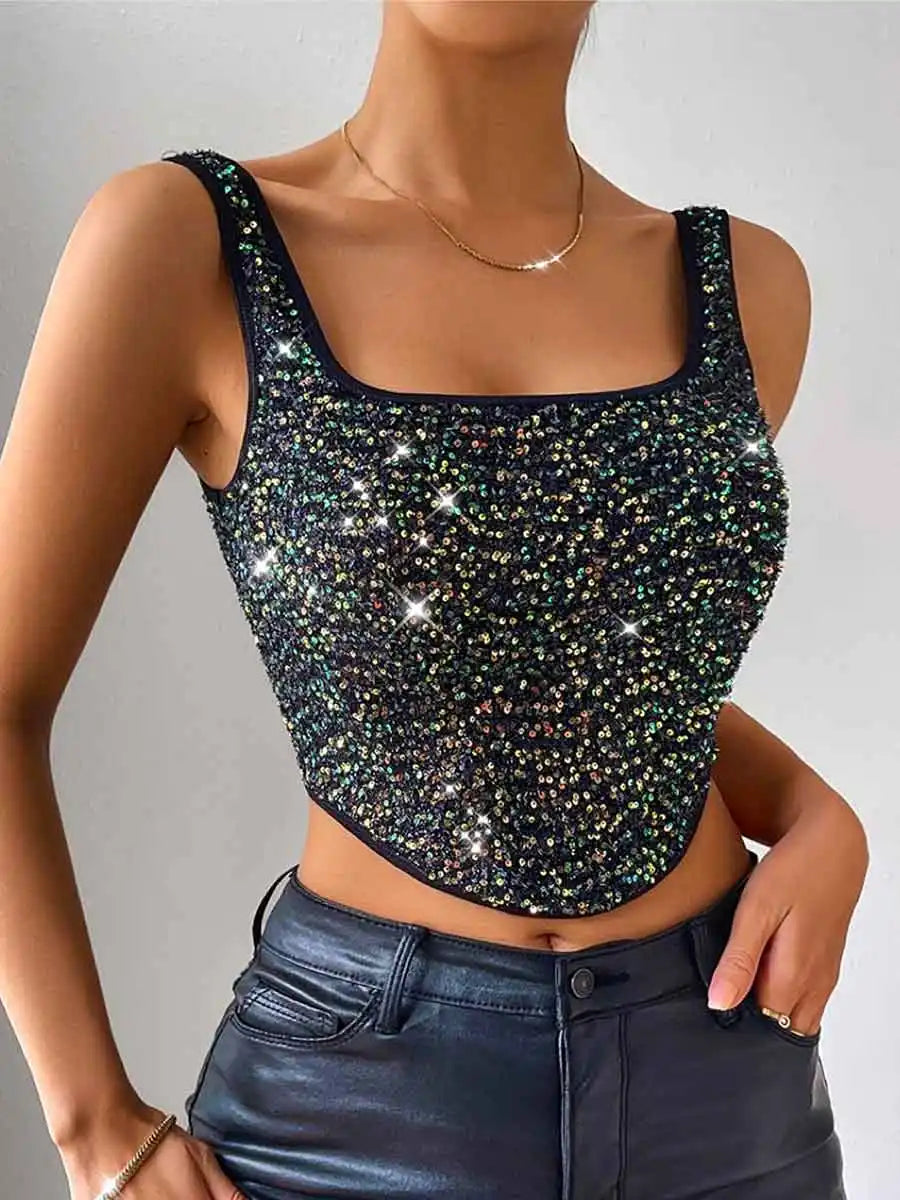 Asymmetrical Hem Rhinestone Sequin Tank Top