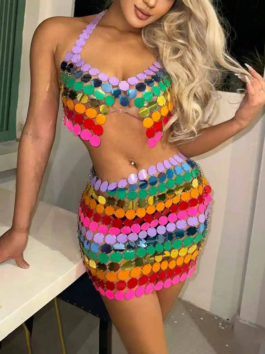 Rainbow Sequin Set - Middle Skirt + Bra Top
