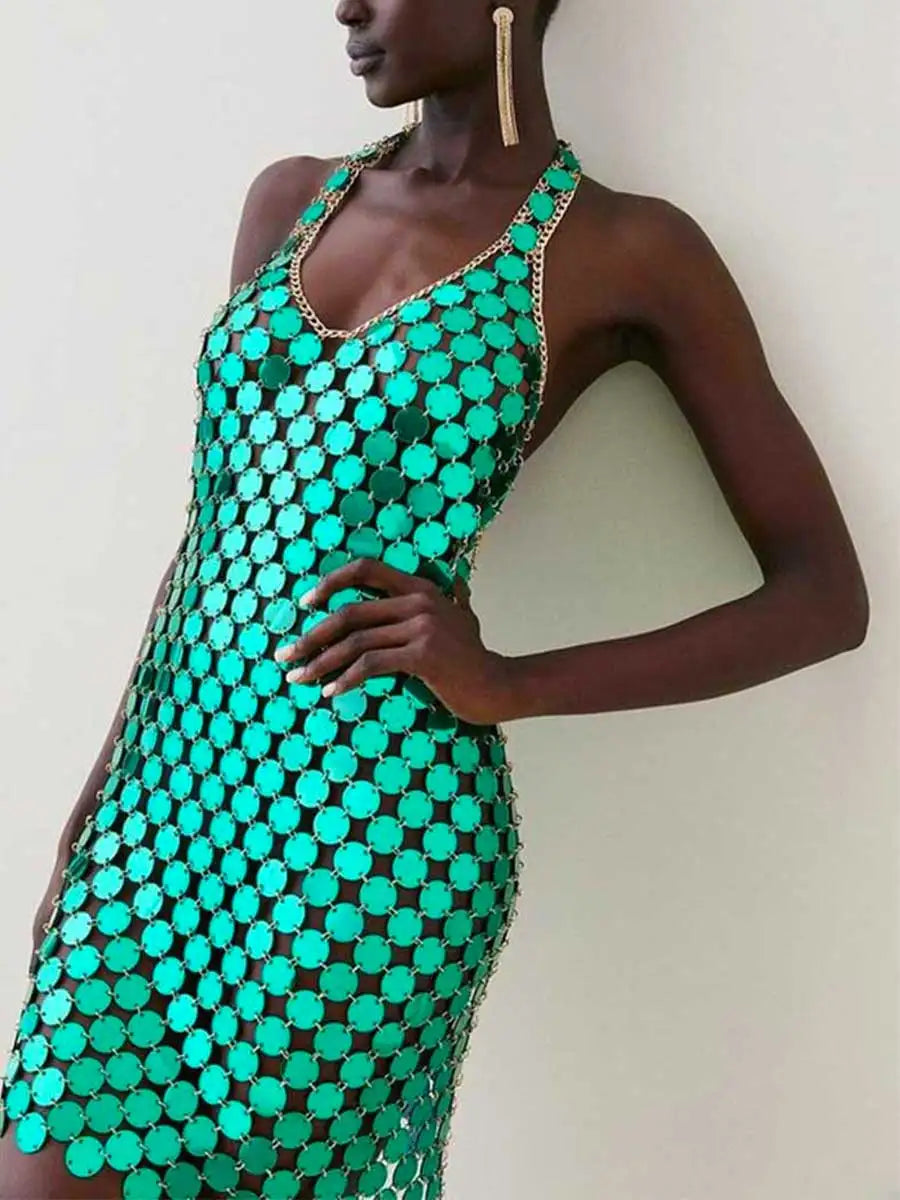 Halterneck Ice Green Disco Large Sequin Mini Dress