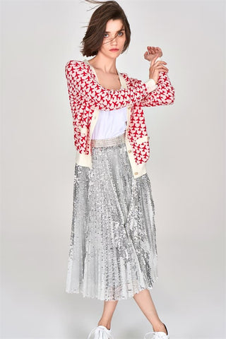 Printed Pattern Top + Silver Sequin Skirt