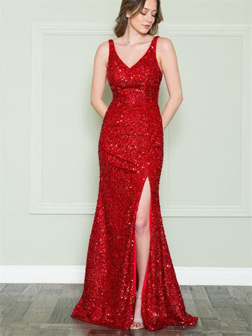 Thigh-Slit Red Sequin Dress