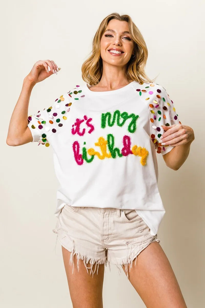 BiBi Metallic Letter Spangle Raglan Puff Sleeve Top - Birthday