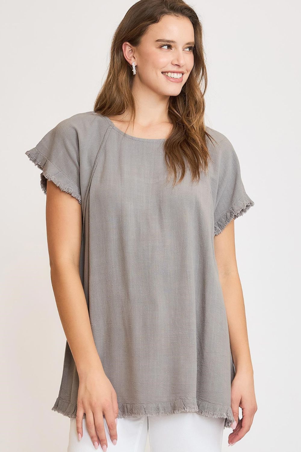 Umgee Full Size Seam Detail Linen Ruffle Fringe Edge Top