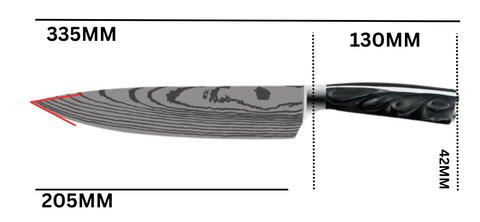 Medidas Faca Chefe Black Acabamento Aço Damasco Nelore™