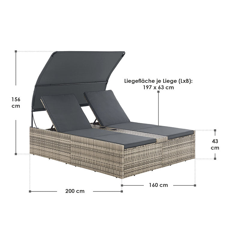 Abmessungen Polyrattan Doppelliege Syros - Grau meliert