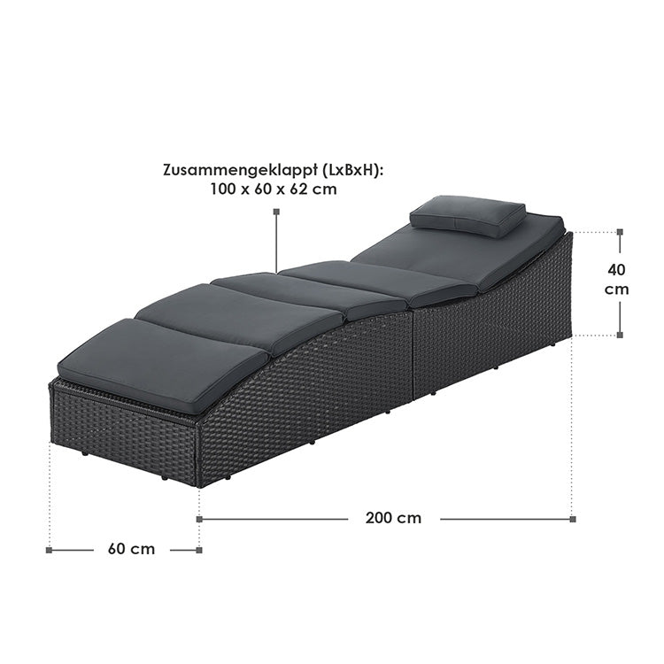 Abmessungen Polyrattan Sonnenliege Lamia - Schwarz