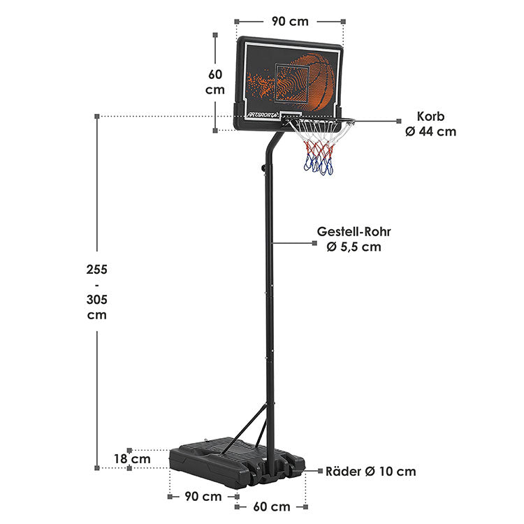 Abmessungen Basketballkorb mobil & höhenverstellbar