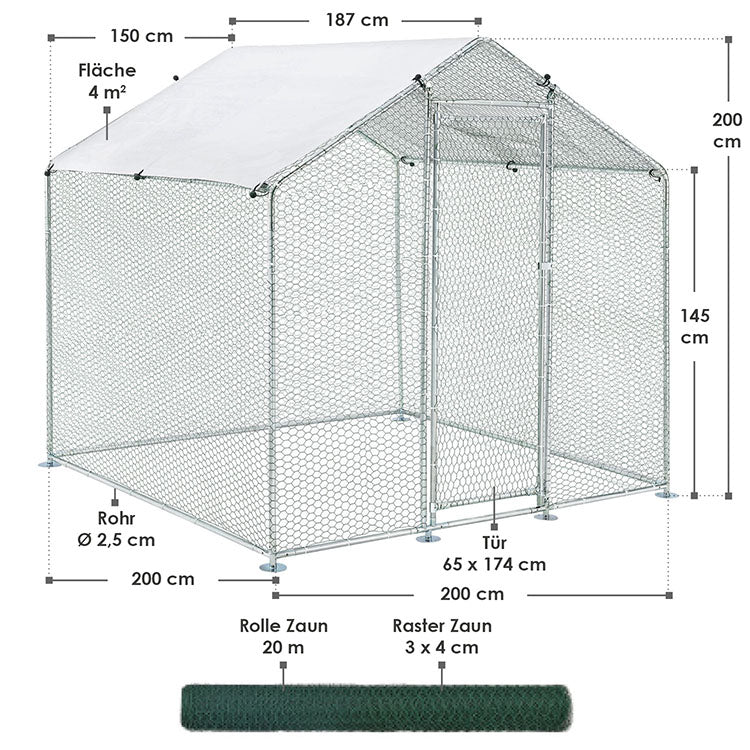 Abmessungen Freilaufgehege HLS25T 2x2x2m für Hühner