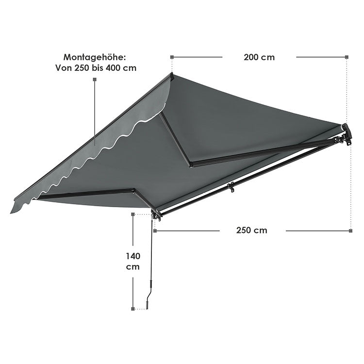 Abmessungen Markise 250 x 200 cm mit Kurbel Grau 