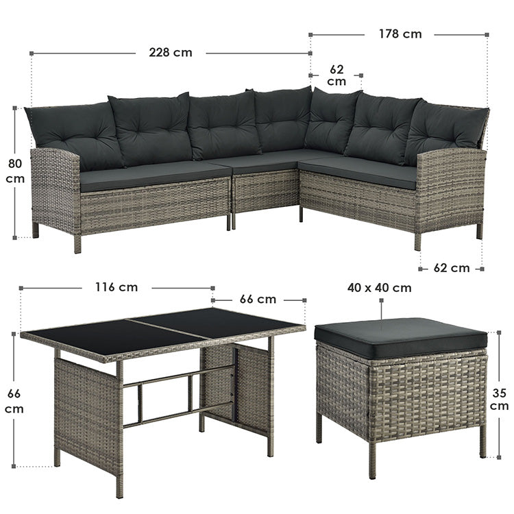 Abmessungen Polyrattan Lounge Set Manacor - 3 Elemente-Sofa mit Tisch und 2 Hockern Grau-meliert