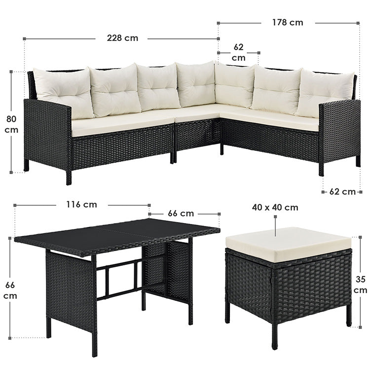 Abmessungen Polyrattan Ecklounge Set Manacor - 3 Elemente-Sofa mit Tisch und 2 Hockern Schwarz