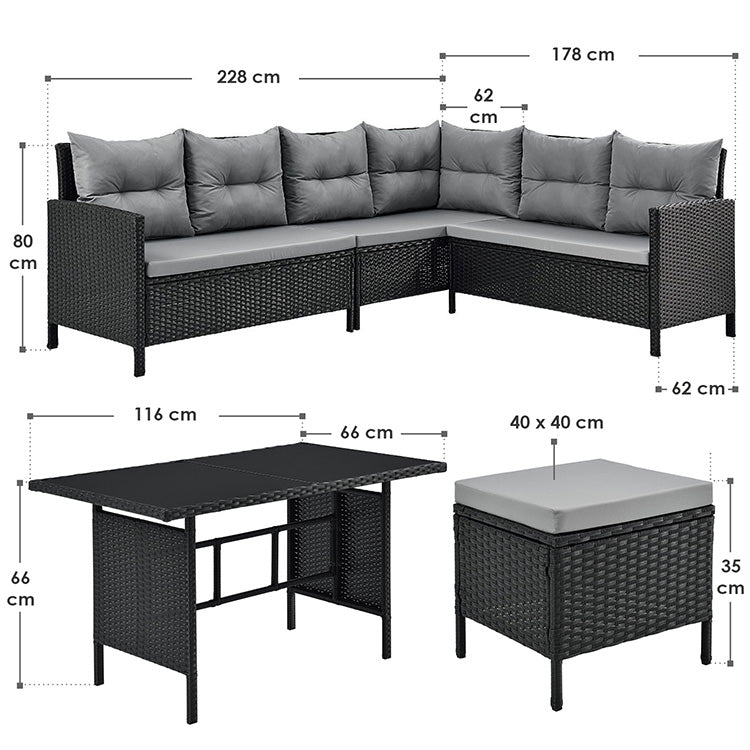 Abmessungen Polyrattan Lounge Set Manacor - 3 Elemente-Sofa mit Tisch und 2 Hockern Schwarz Grau