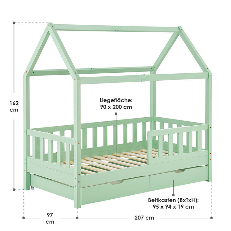 Abmessungen Kinderbett Marli 90 x 200 cm mit Bettkasten Mint 