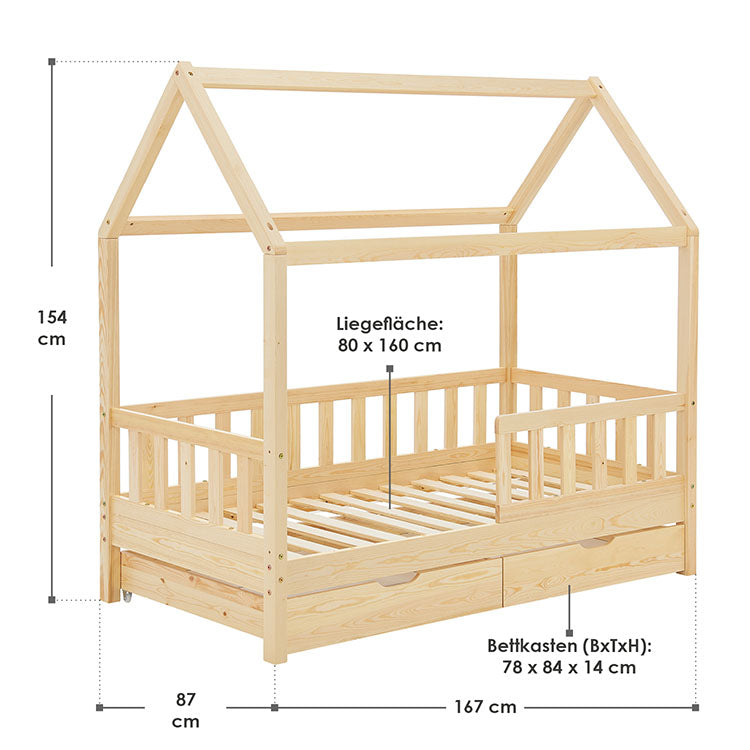 Abmessungen Kinderbett Marli 80 x 160 cm mit Bettkasten Natur