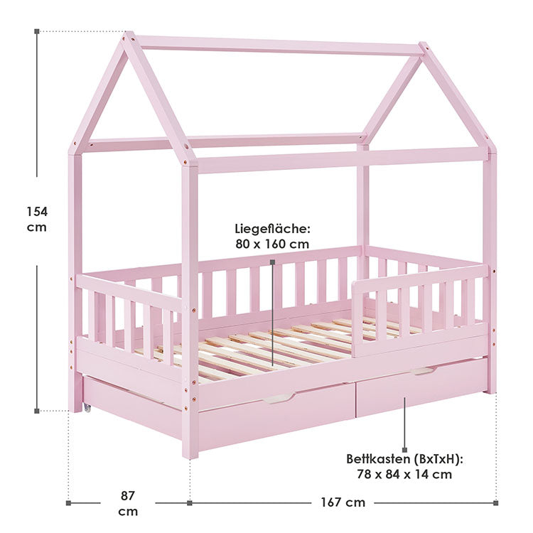 Abmessungen Kinderbett Marli 80 x 160 cm mit Bettkasten Rosa