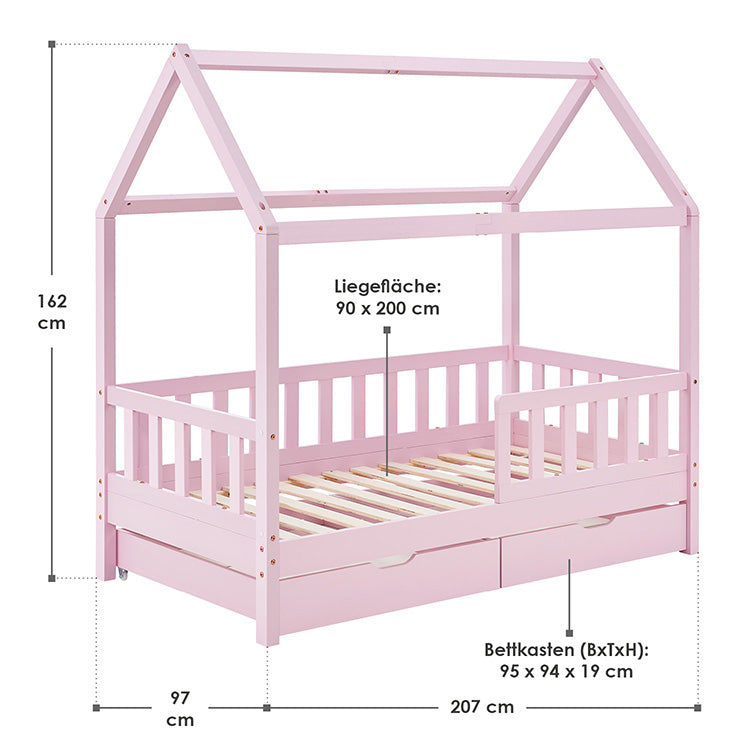 Abmessungen Kinderbett Marli 90 x 200 cm mit Bettkasten Rosa 