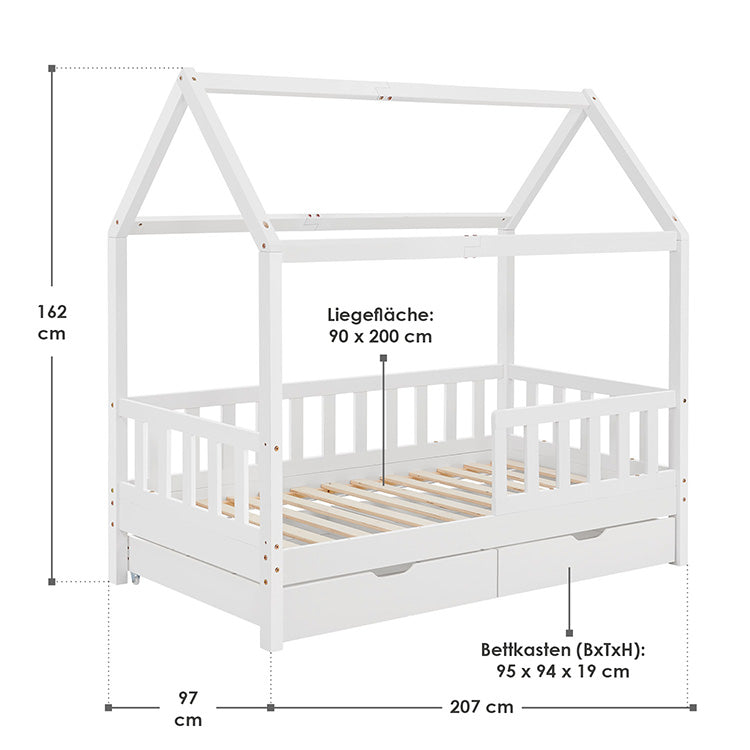 Abmessungen Kinderbett Marli 90 x 200 cm mit Bettkasten Weiß