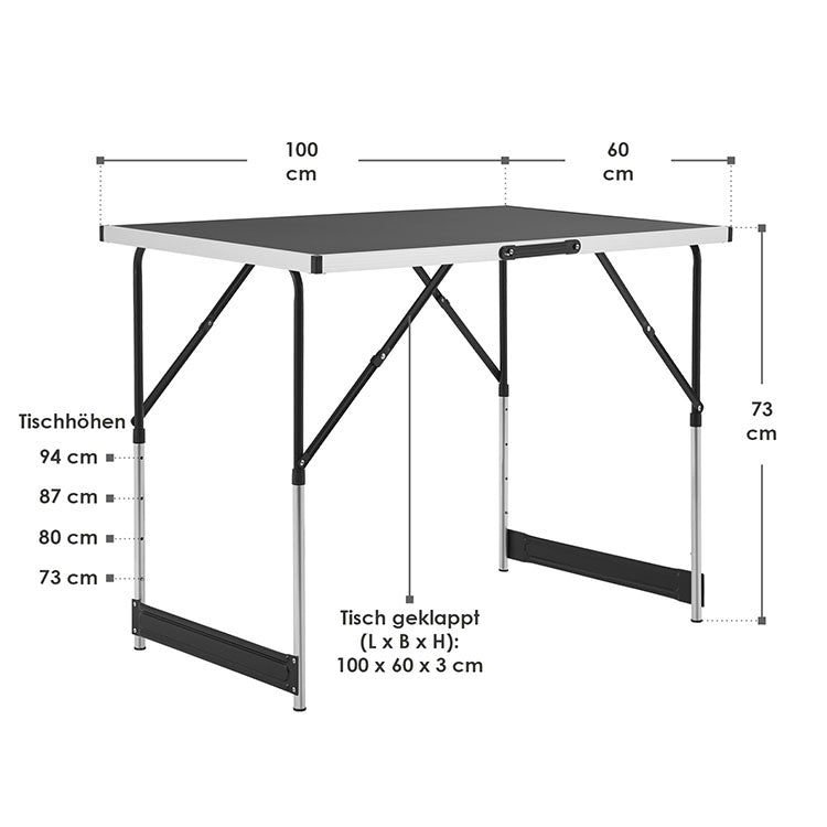 Abmessungen Alu Multifunktionstisch 3-teilig Schwarz