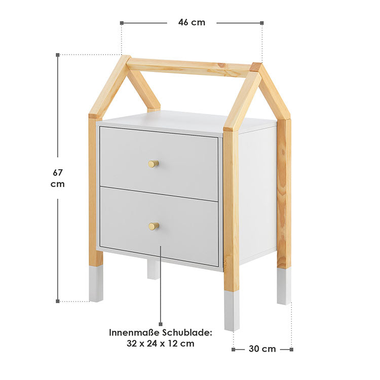 Abmessungen Kinder Nachttisch Enny mit 2 Schubladen Weiß Natur