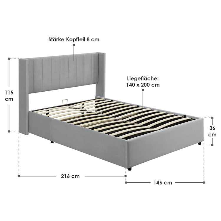Abmessungen Polsterbett Savona 140 Hellgrau