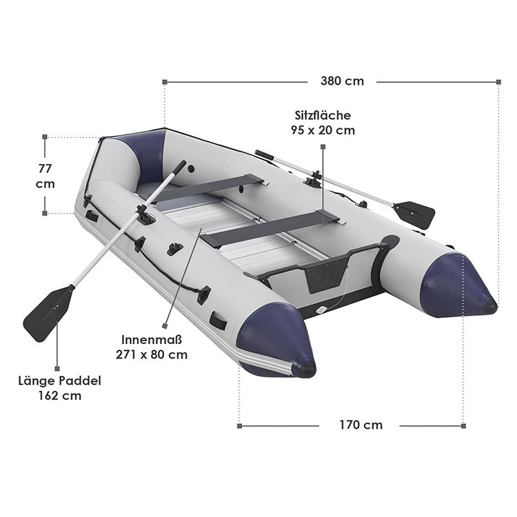 Abmessungsbild aufblasbares Schlauchboot mit Aluböden
