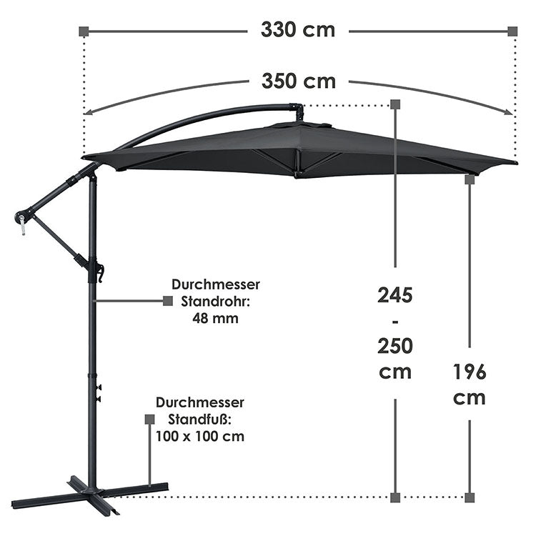 Abmessungen vom Ampelschirm Brazil Ø 3,5 m mit Ständer und Kurbel grau
