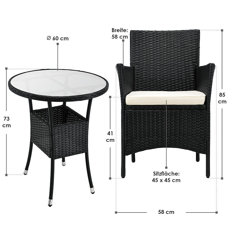 Abmessungsbild Balkonset Polyrattan Bayamo schwarz mit Bezüge in Beige