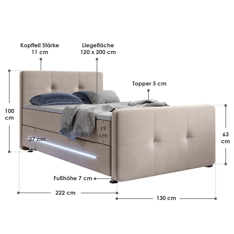 Abmessungen Boxspringbett Houston 120x200 cm Beige