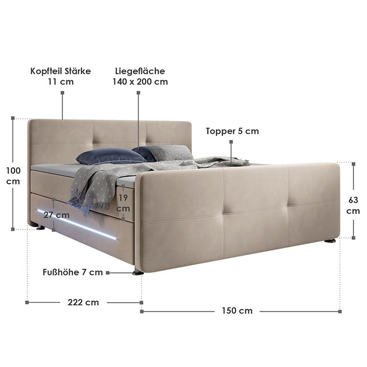 Abmessungen Boxspringbett Houston 140x200 cm Beige