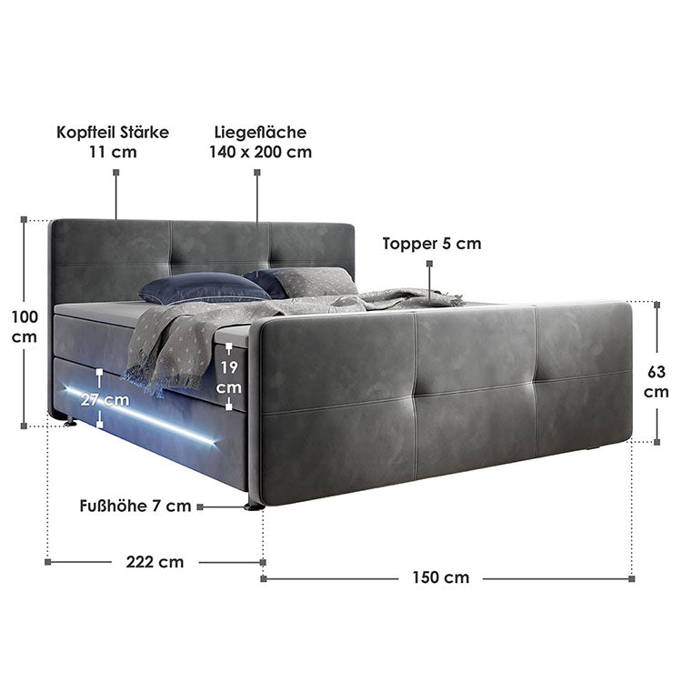 Abmessungen Boxspringbett Houston 140x200 cm Grau