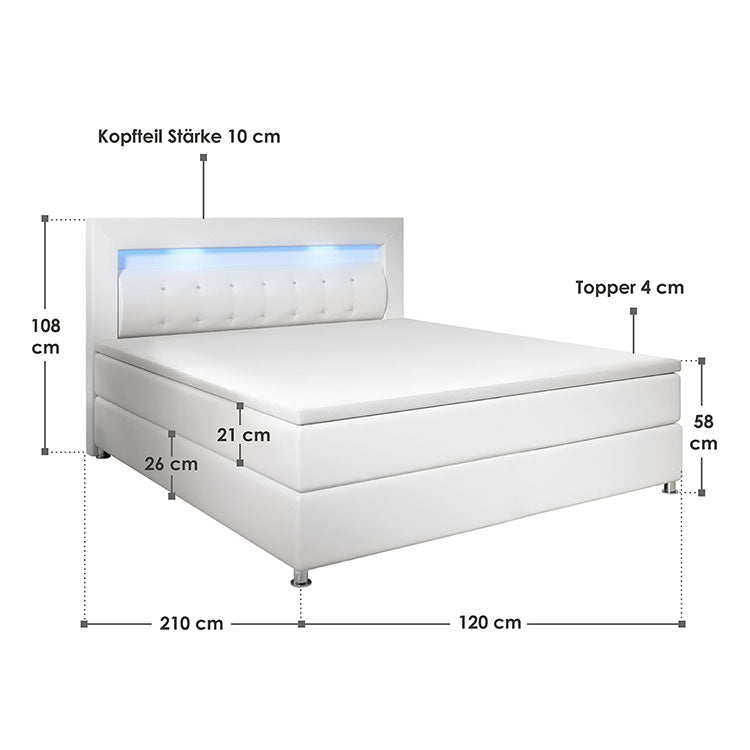 Abmessungen Boxspringbett Montana 120x200 cm Weiß