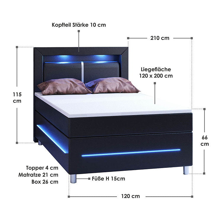 Abmessungen Boxspringbett Norfolk 120 x 200 cm in Schwarz mit LED-Beleuchtung im Kopfteil