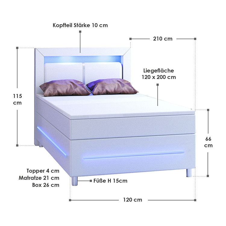 Abmessungen Boxspringbett Norfolk 120 x 200 cm in Weiß mit LED-Beleuchtung im Kopfteil