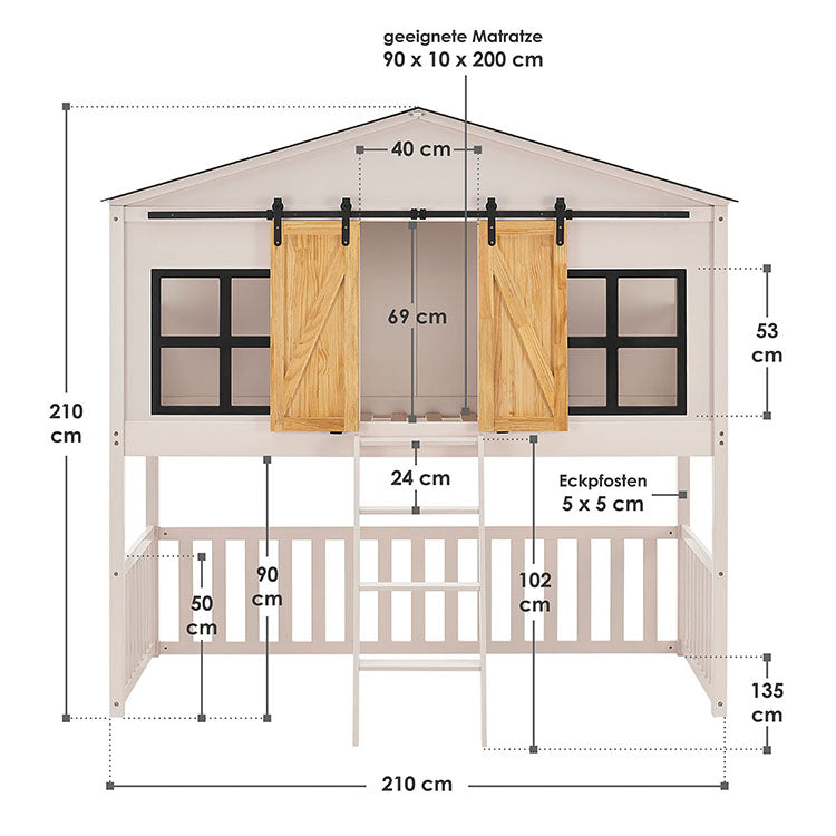 Abmessungen Kinderbett Farmhaus 90x200 cm in Weiß