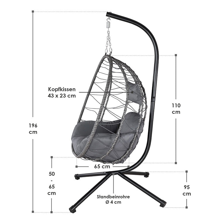 Abmessungen Rattan Hängesessel Aria mit Gestell Dunkelgrau