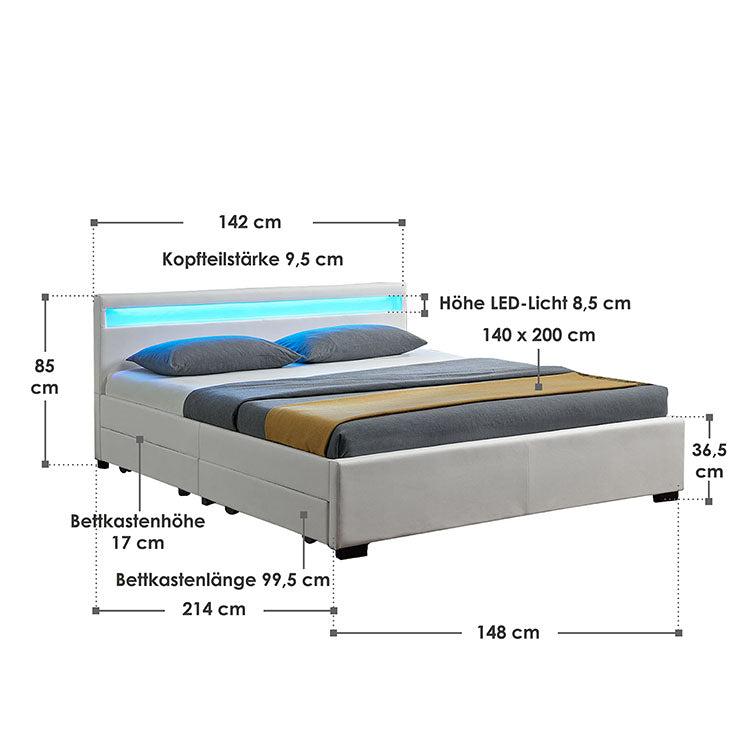 Abmessungsbild Polsterbett Lyon 140x200 cm weiß mit LED-Beleuchtung im Kopfteil, vier ausziehbaren Bettkästen und Lattenrost