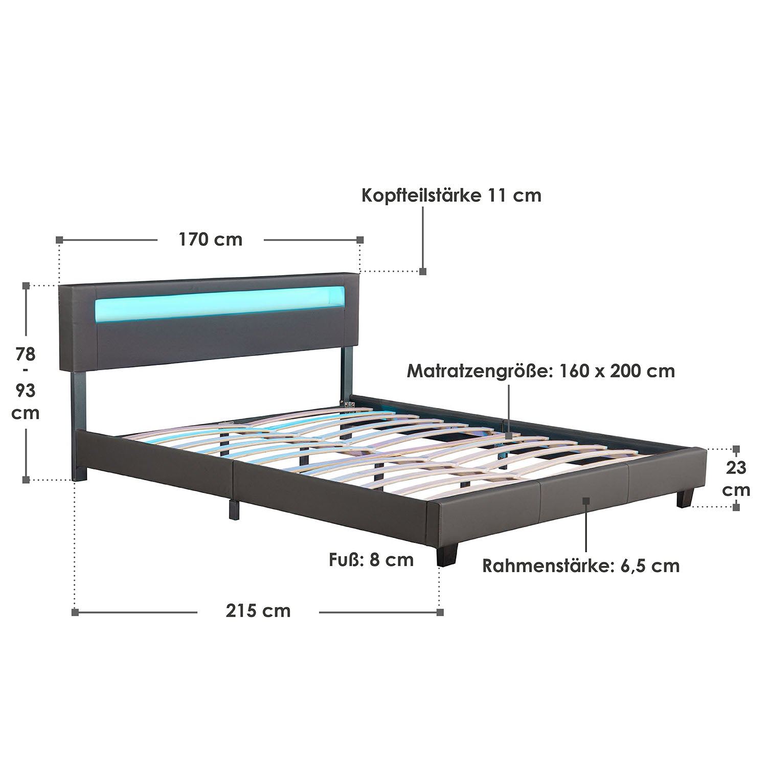 Abmessungsbild Polsterbett Paris 160x200 cm in dunkelgrau mit Lattenrost und LED-Beleuchtung im Kopfteil