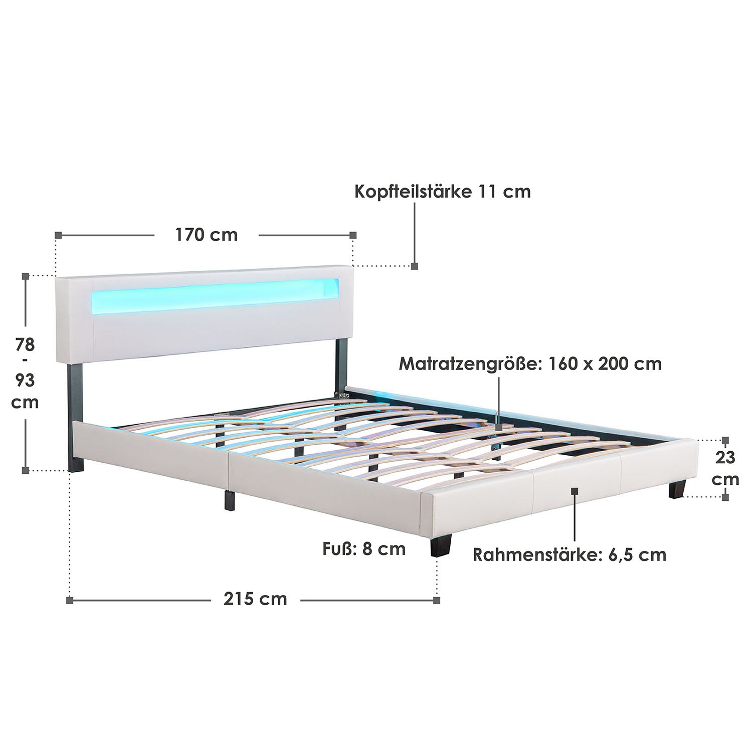 Abmessungsbild Polsterbett Paris 160x200 cm in weiß mit Lattenrost und LED-Beleuchtung im Kopfteil