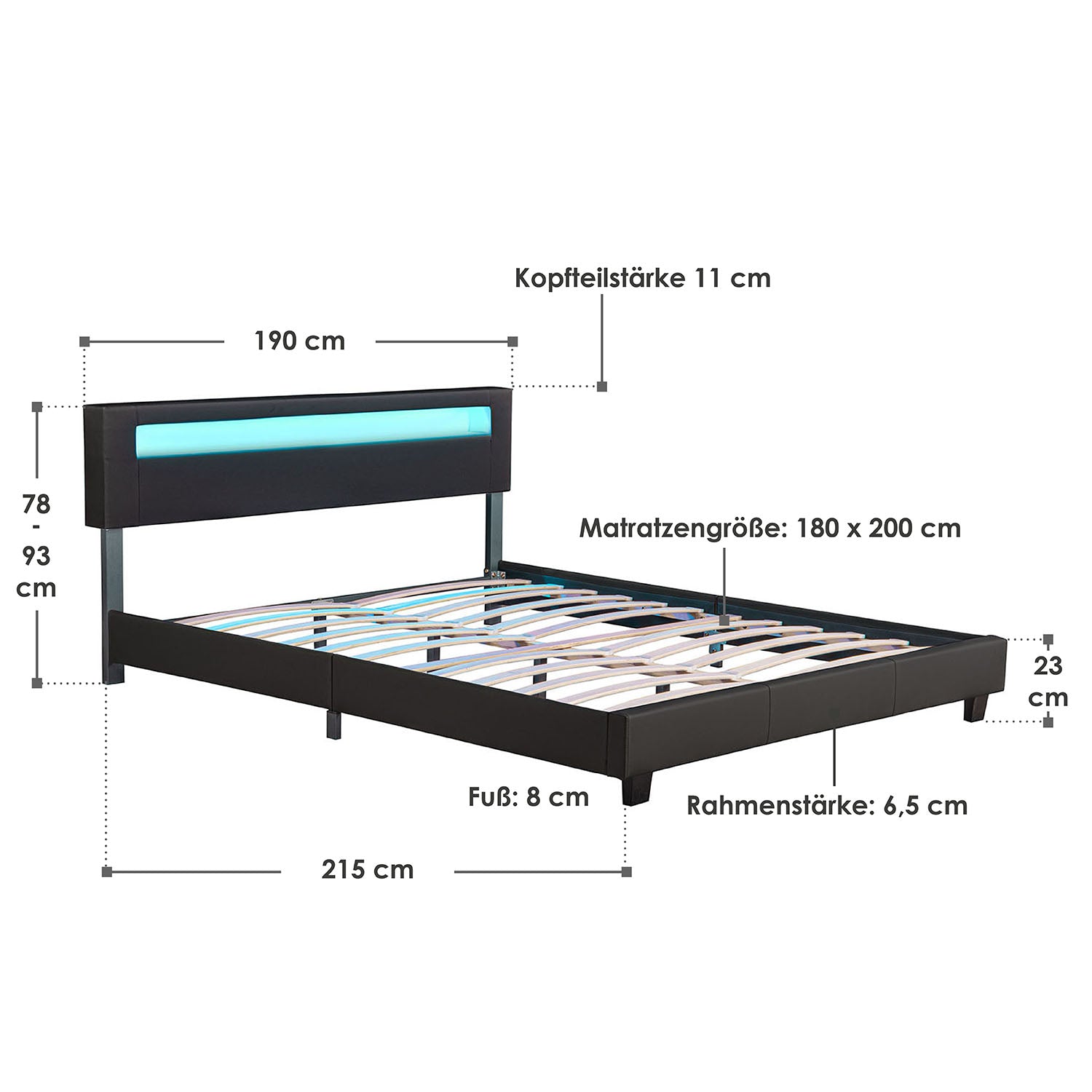 Abmessungsbild Polsterbett Paris 180x200 cm in schwarz mit Lattenrost und LED-Beleuchtung im Kopfteil