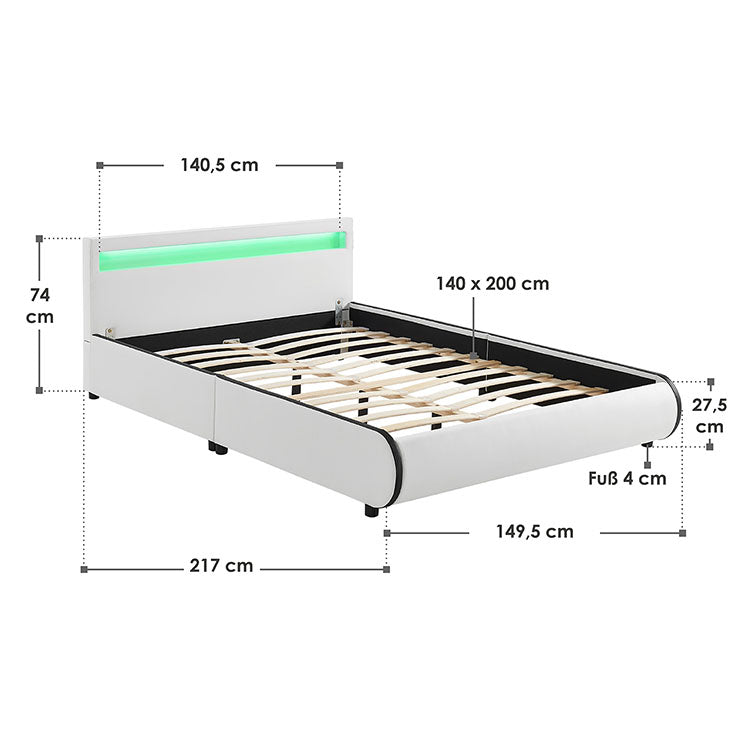 Abmessungsbild Polsterbett Sevilla 140x200 cm in Weiß mit Lattenrost und LED-Beleuchtung im Kopfteil