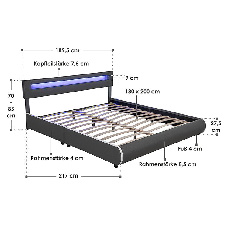 Abmessungsbild Polsterbett Sevilla 180x200 cm in Dunkelgrau mit Lattenrost und LED-Beleuchtung im Kopfteil