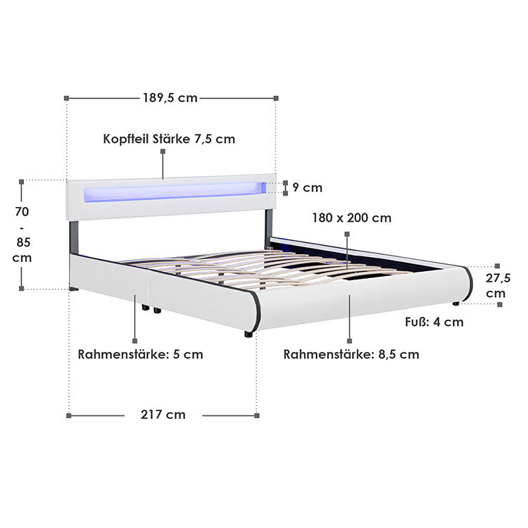 Abmessungsbild Polsterbett Sevilla 180x200 cm in Weiß mit Lattenrost und LED-Beleuchtung im Kopfteil