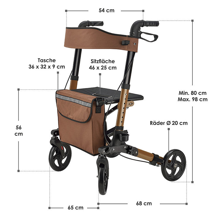 Abmessungen Aluminium Rollator Vital mit Sitz Braun