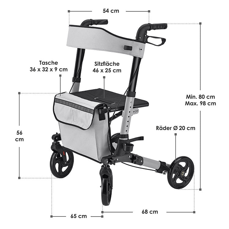 Abmessungen Aluminium Rollator Vital mit Sitz Grau