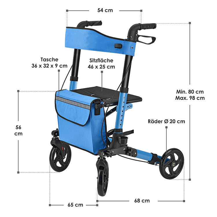 Abmessungen Aluminium Rollator Vital mit Sitz Petrol