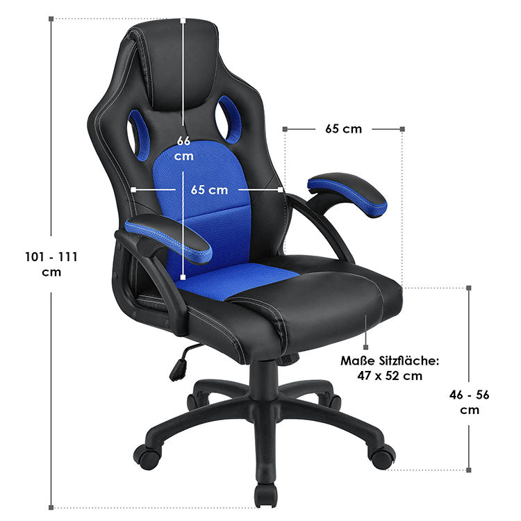 Racing Schreibtischstuhl Montreal - Blau - mit verstellbarer Rückenlehne, gepolsterten Armlehnen und höhenverstellbarer Sitzfläche