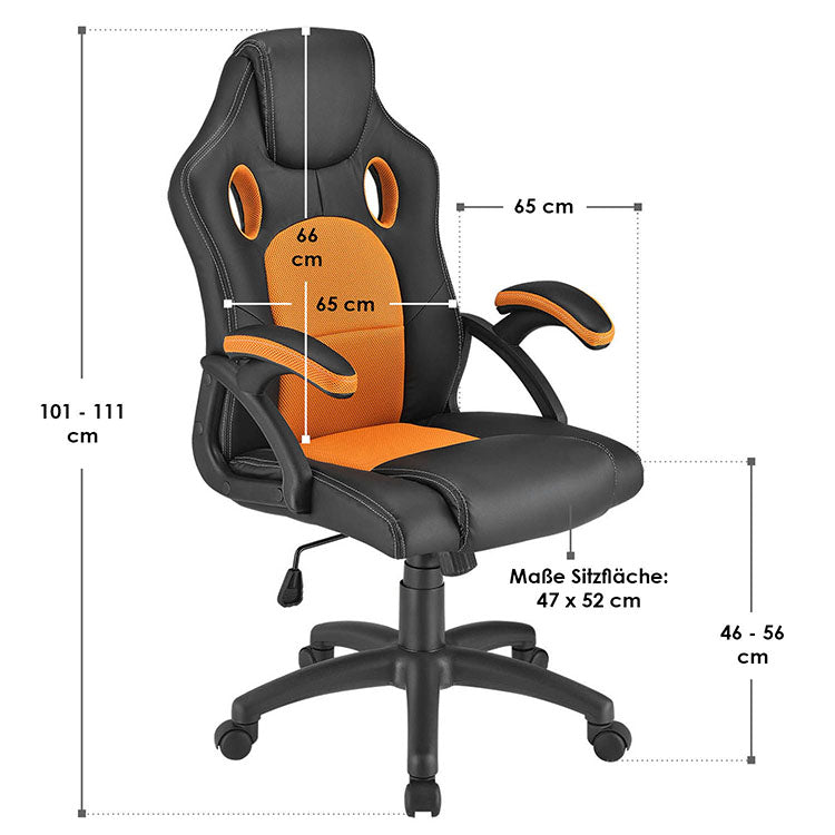 Racing Schreibtischstuhl Montreal - Orange - mit verstellbarer Rückenlehne, gepolsterten Armlehnen und höhenverstellbarer Sitzfläche
