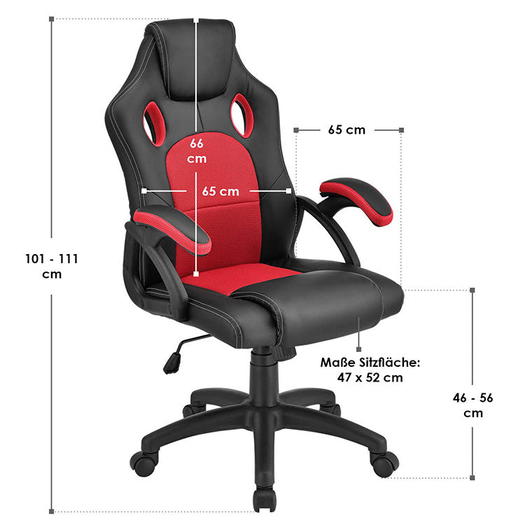 Racing Schreibtischstuhl Montreal - Rot - mit verstellbarer Rückenlehne, gepolsterten Armlehnen und höhenverstellbarer Sitzfläche