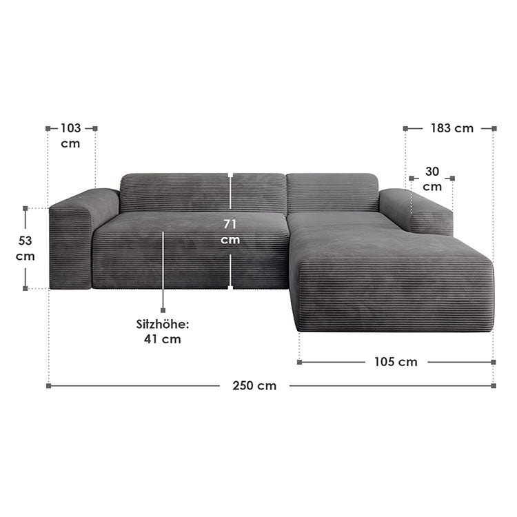 Abmessungen Sofa Vals Rechts aus Stoff - Dunkelgrau